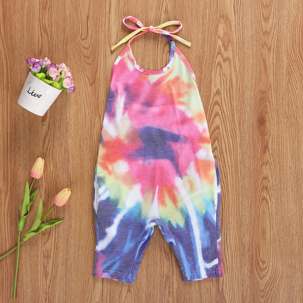 Multicolored Tie-Dye Sleeveless Cotton Little Girl Halter Overall Romper